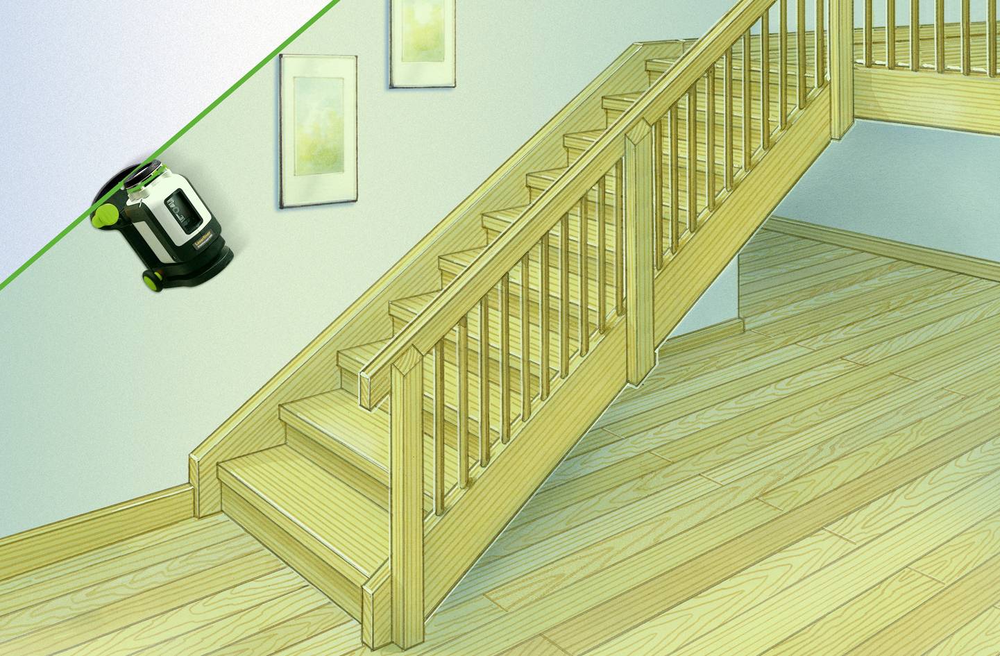 A robotic vacuum cleaner is climbing a wall next to a wooden staircase. Two pictures are hanging on the wall.