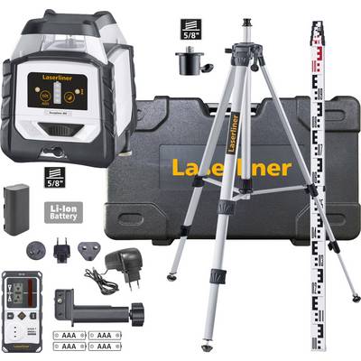 Surveying equipment comprising a laser device, tripod, charger and accessories; used in construction and measurement work.