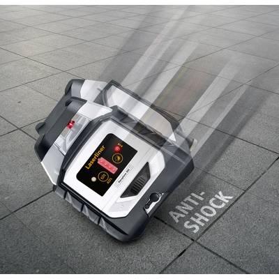 A laser levelling device with a robust housing falls onto floor tiles. The inscription 'Anti-Shock' emphasises its shock resistance.