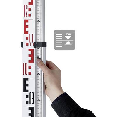A hand is holding a measuring stick with red and black markings, next to a symbol with 'mm' and an arrow, indicating measurement.