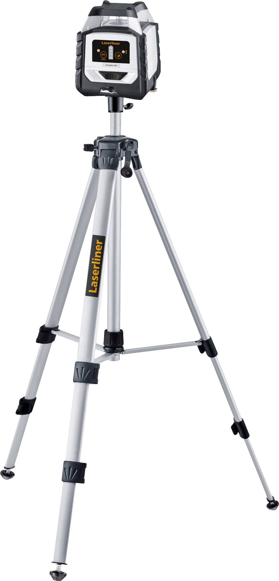 A laser levelling device stands on an adjustable tripod, suitable for precise alignment in construction work or measurements.