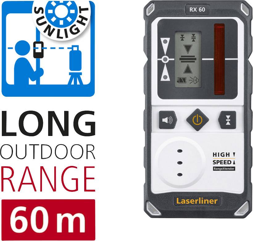 Handheld Laserliner RX 60 with display, suitable for outdoor use up to a distance of 60 metres and in sunlight.