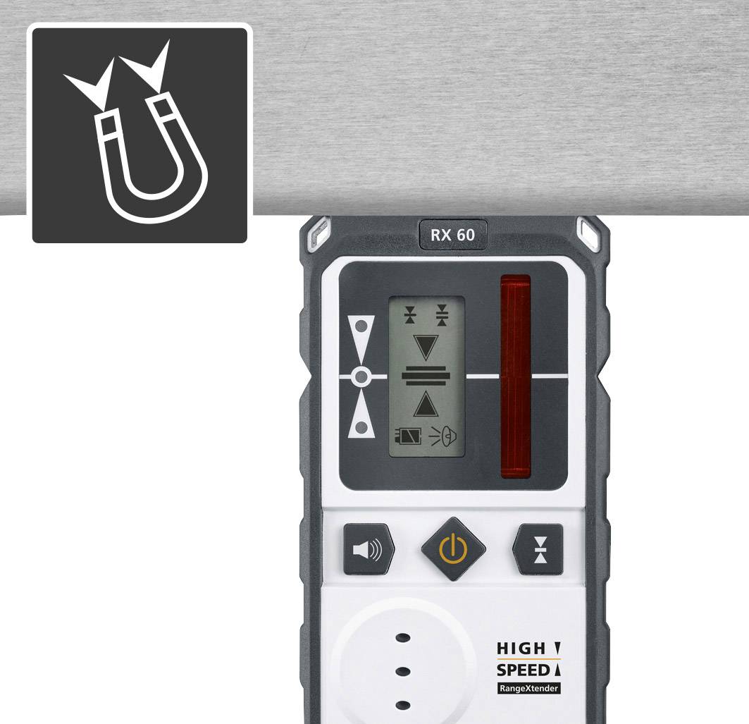 A digital receiving device beneath a metal edge measures laser deviations; shows magnetic connection possibility.