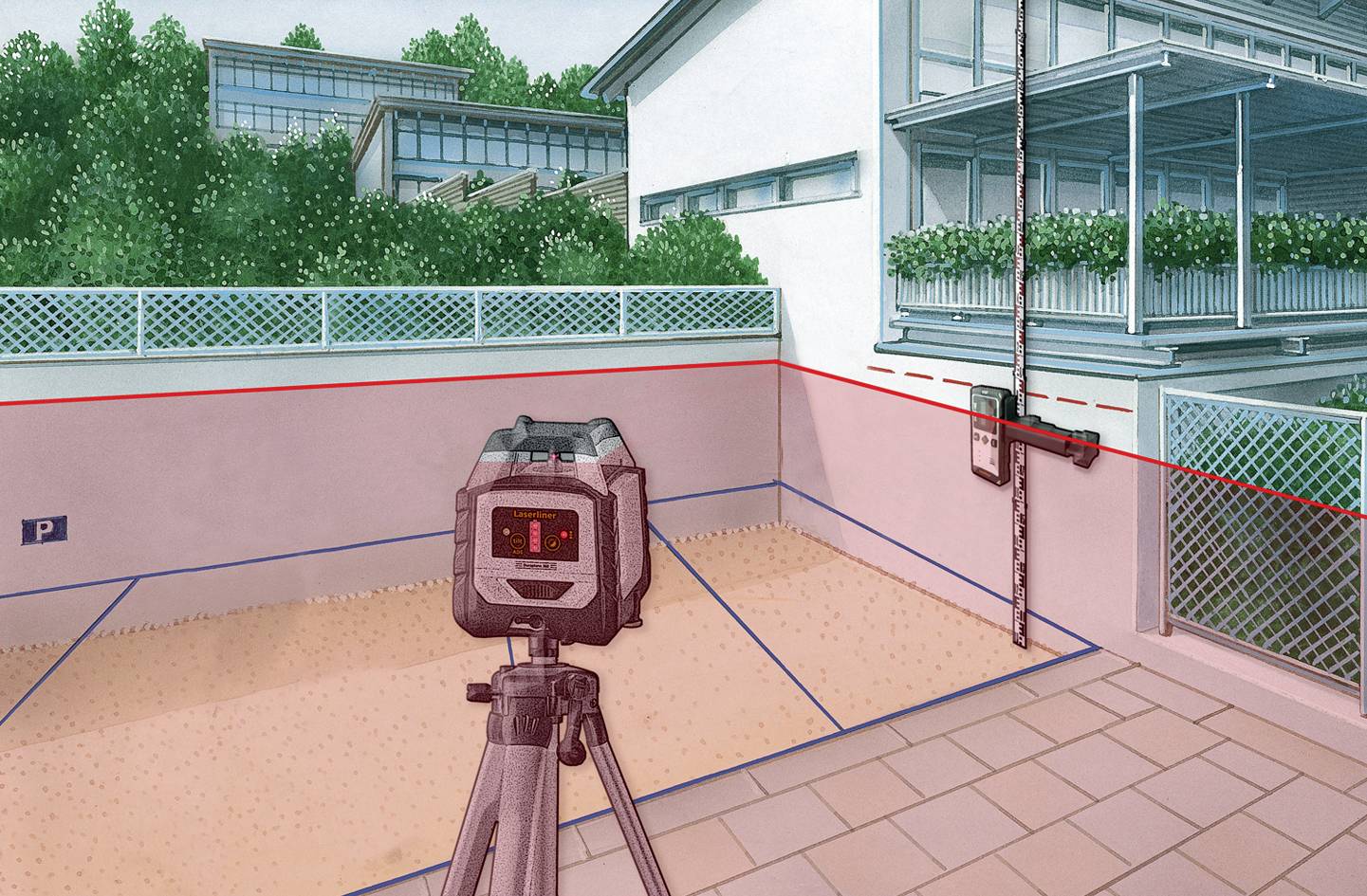 A laser measuring device on a tripod measures the distance in a courtyard between buildings. Green-planted balconies in the background.