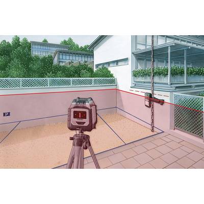 A laser measuring device on a tripod measures the distance in a courtyard between buildings. Green-planted balconies in the background.