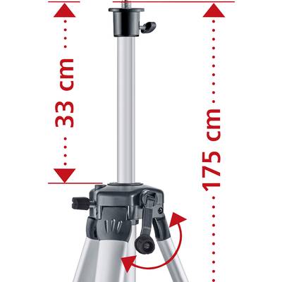 Tripod extendable to 175 cm, with detail on the adjustable leg angle. Maximum vertical extension with 33 cm of additional height.