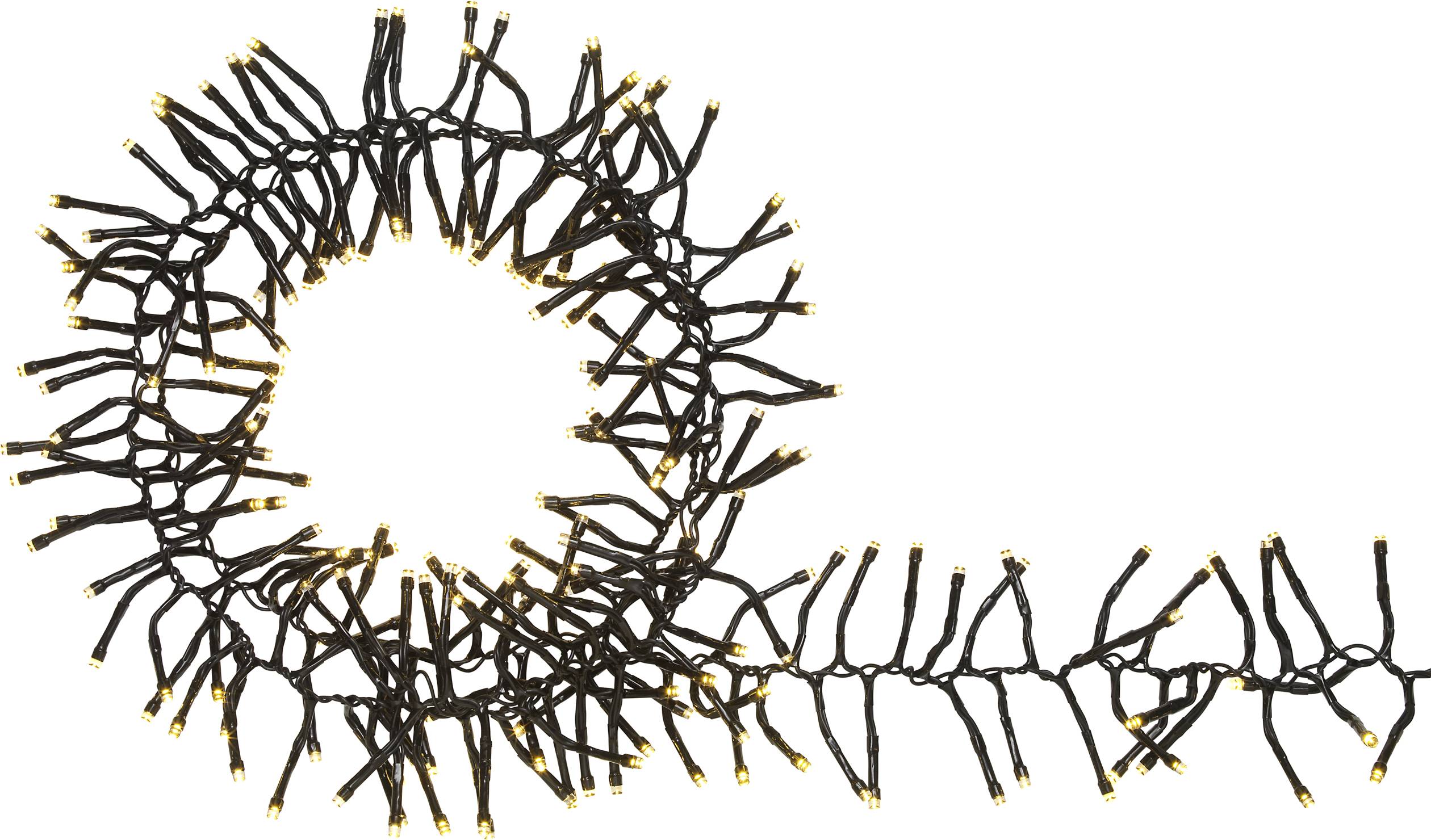 Long chain of black Christmas lights in a spiral shape, glowing yellow. Ideal for festive decorations.
