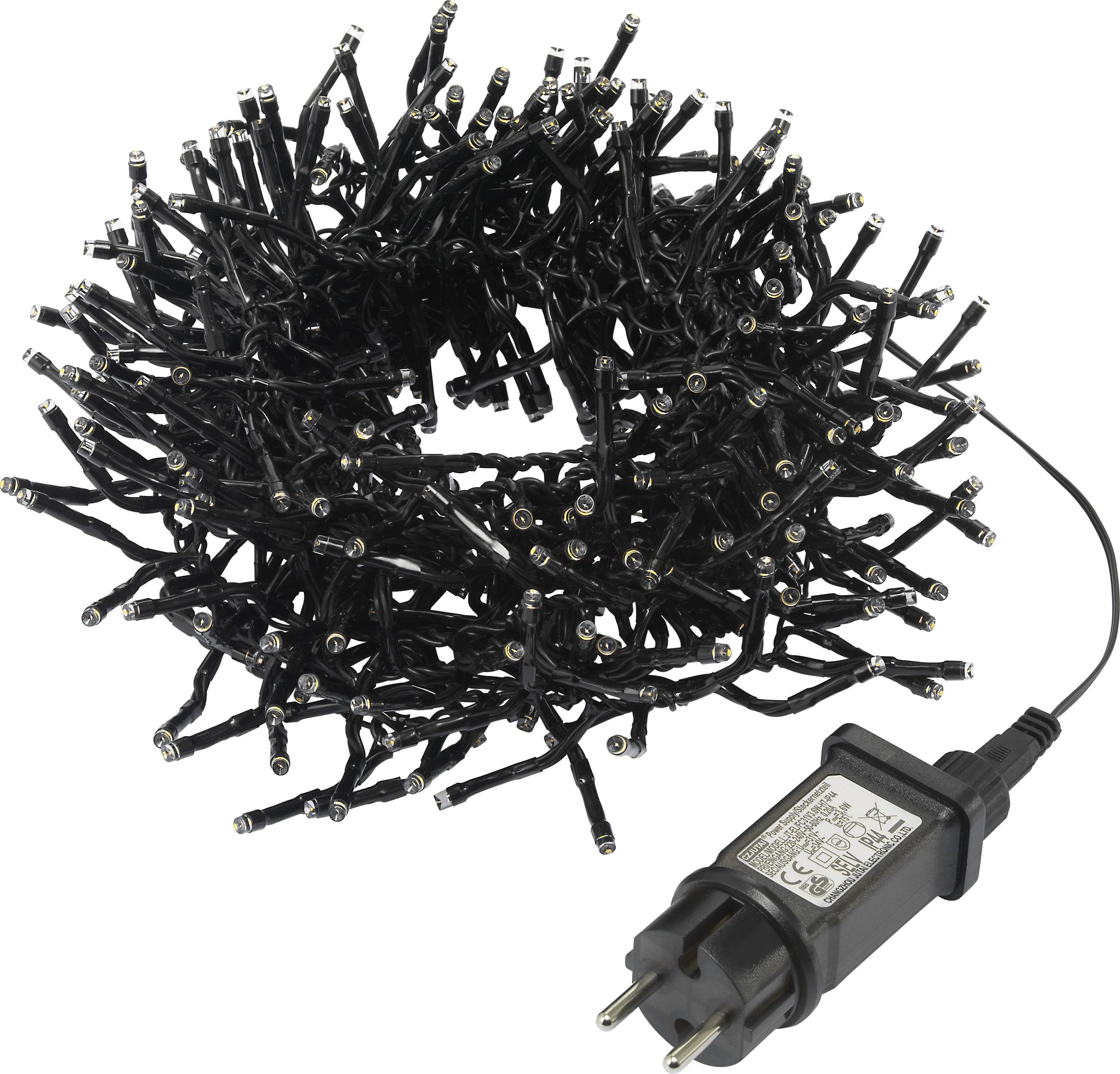 A bundle of black LED fairy lights with European plug; suitable for indoor and outdoor decoration.