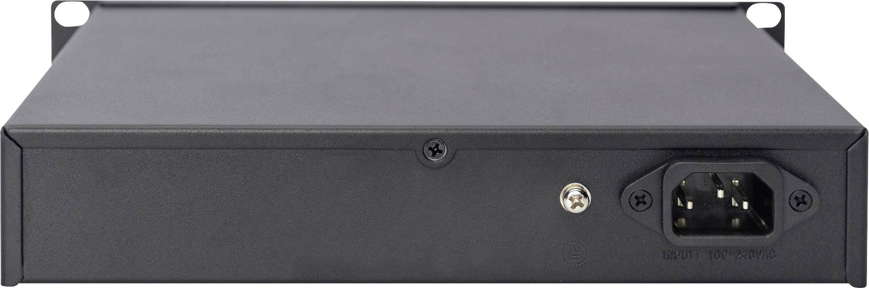 Black electrical device with a rectangular shape and a power connection on the right side. It is suitable for rack mounting.