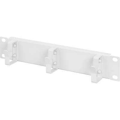 A white cable manager with multiple hooks for tidy cable organisation in a 19-inch rack.
