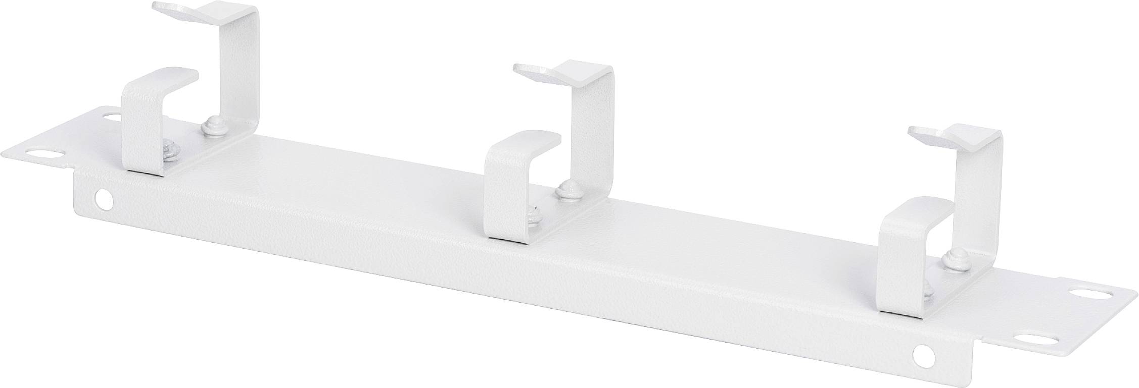 White cable management mounting with multiple hooks designed for cable organisation. It has screw holes at the corners.