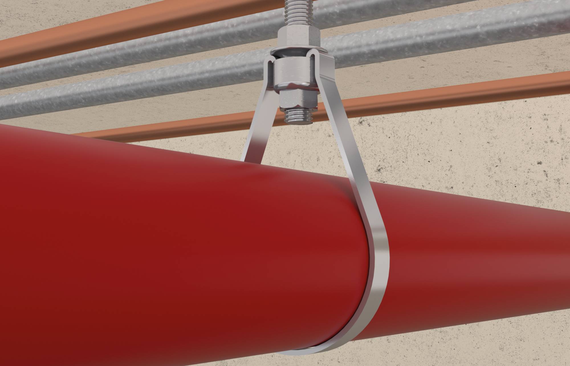 A red pipe is suspended from the ceiling by a metal clamp and threaded hanger bolt.