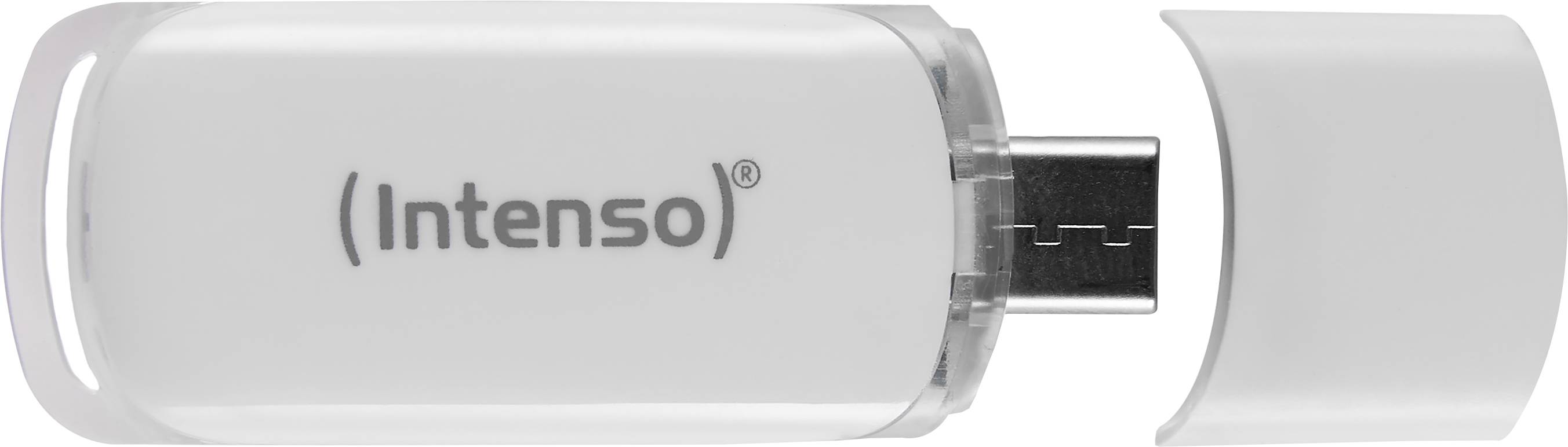 A white USB stick by the brand 'Intenso' with its cap removed, showing the USB connector.