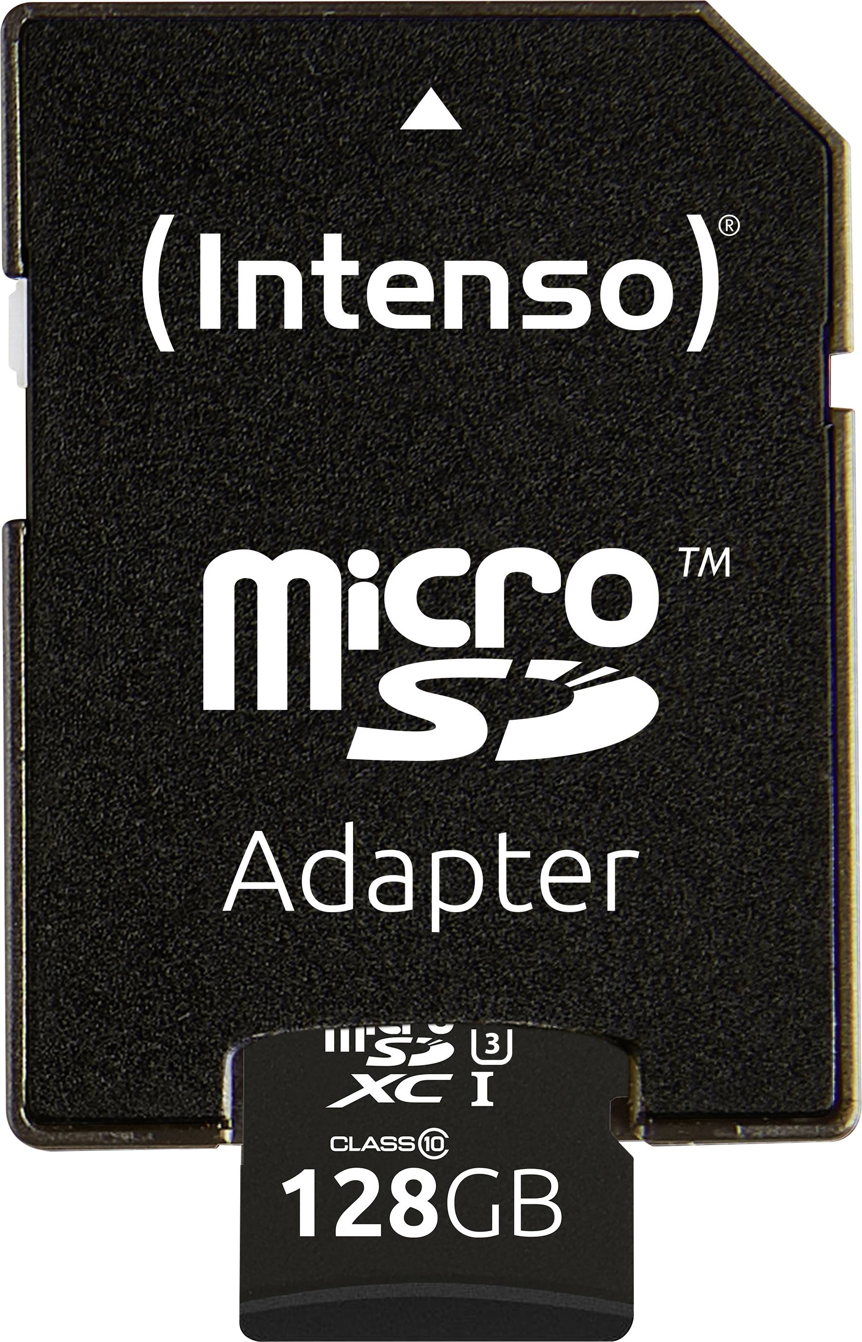 A black Intenso microSD adapter card with 128 GB storage capacity.