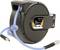 Black automatic hose reel with blue hose, ideal for workshops.