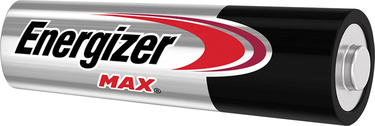 An Energizer AA battery with red and black accents and the 'MAX' text printed on its silver surface.