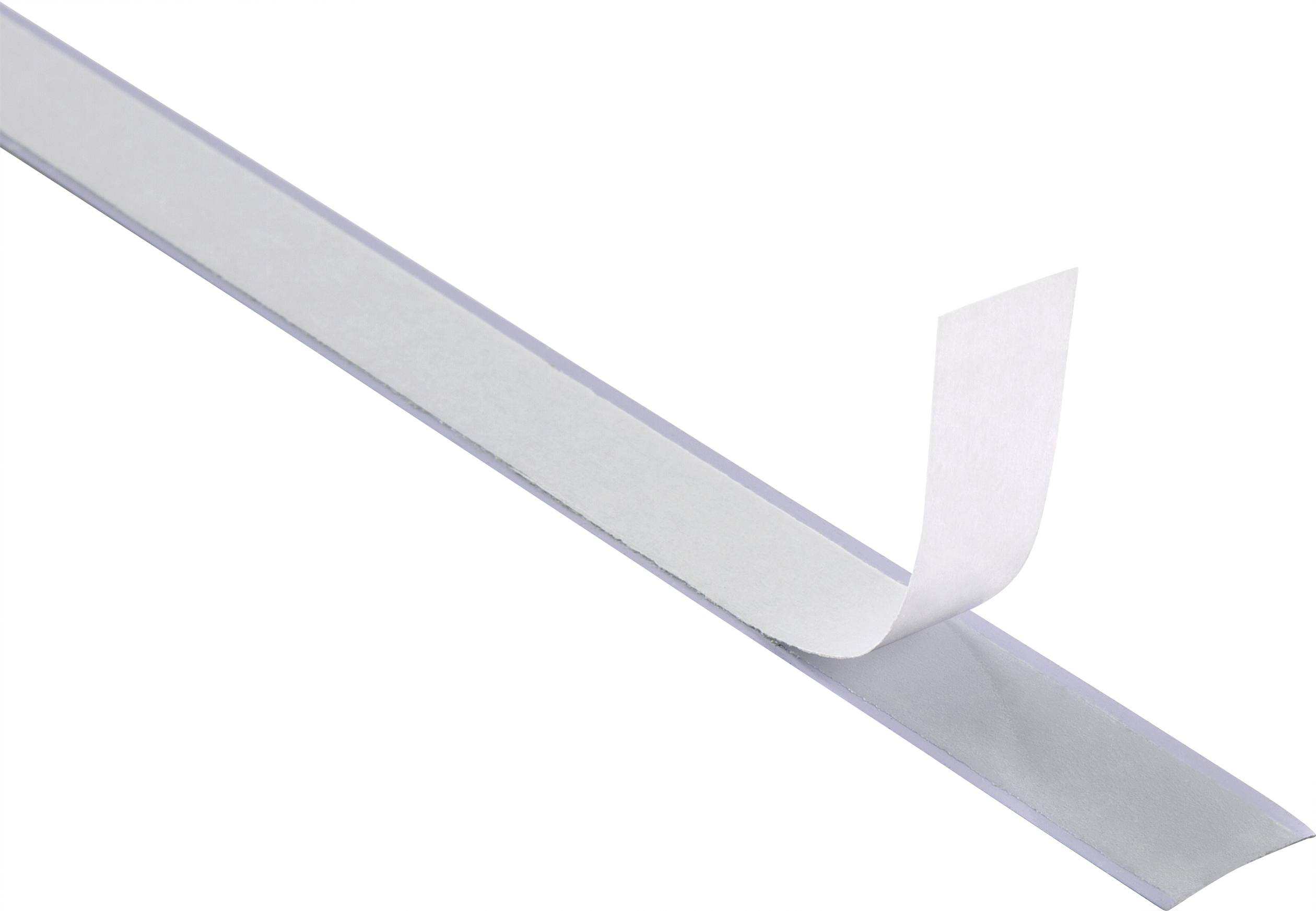 A strip of double-sided adhesive tape, with one end slightly peeled back, reveals the adhesive layer.