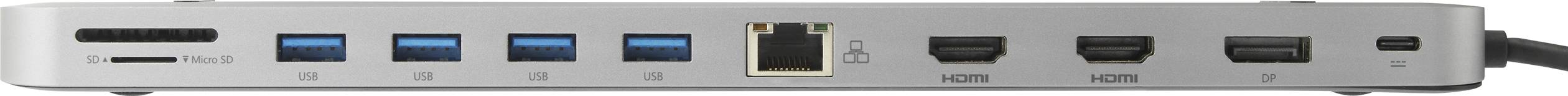 A USB hub with five USB ports, an Ethernet port and two HDMI ports on a metal surface, suitable for computer connections.