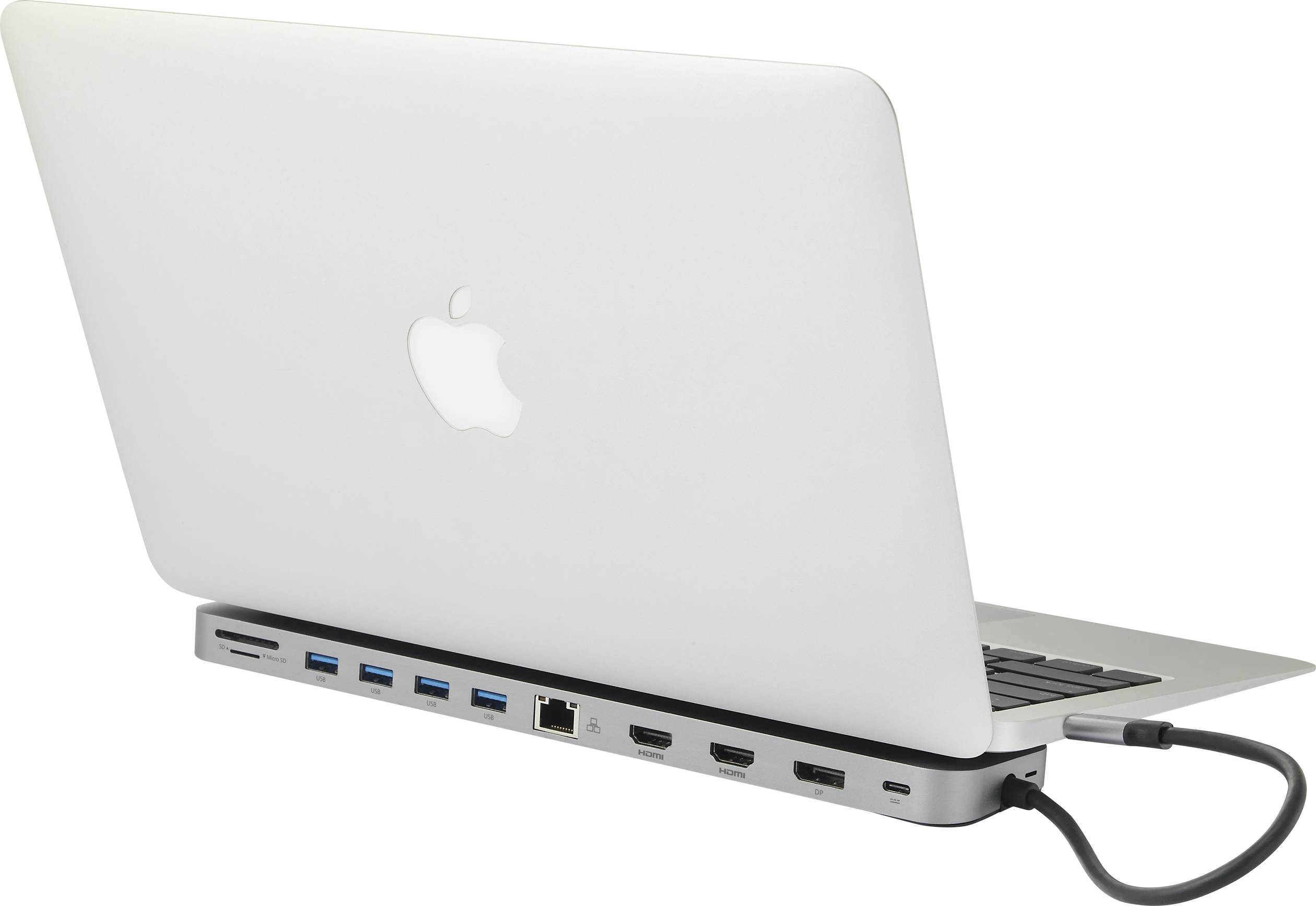 A laptop with a connected docking station. Several ports such as USB and HDMI are visible, with all cables connecting the device.