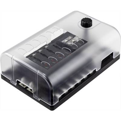 Transparent safety fuse box with a black base and five fuse slots, containing spare fuses and a fuse holder.