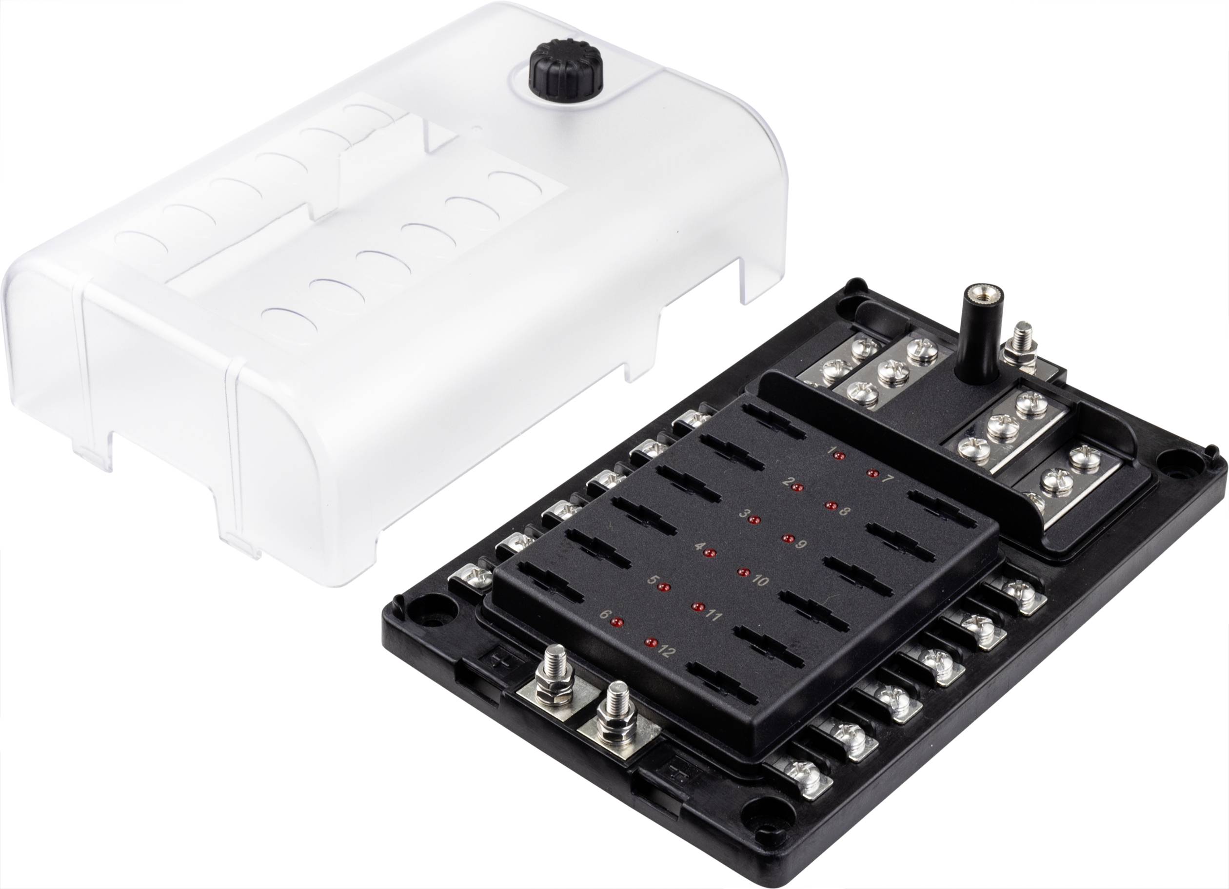 Fuse box with transparent cover, open; shows fuse slots and connections, black housing.