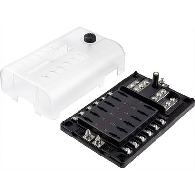 Fuse box with transparent cover, open; shows fuse slots and connections, black housing.