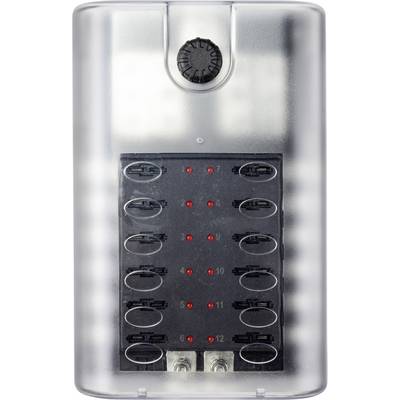 Electronic device with twelve numbered switches and illuminated red indicator LEDs beside each switch. A rotary knob is located above.