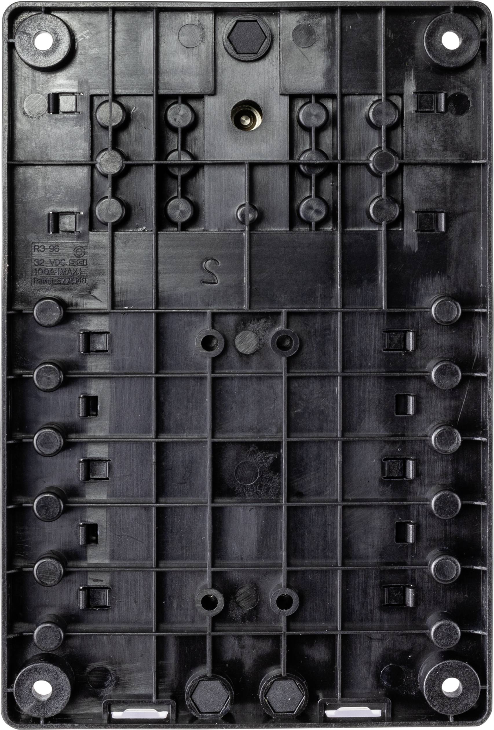 Plastic casing rear with various mounting points and grooves. Upper middle section has a central screw fixing.