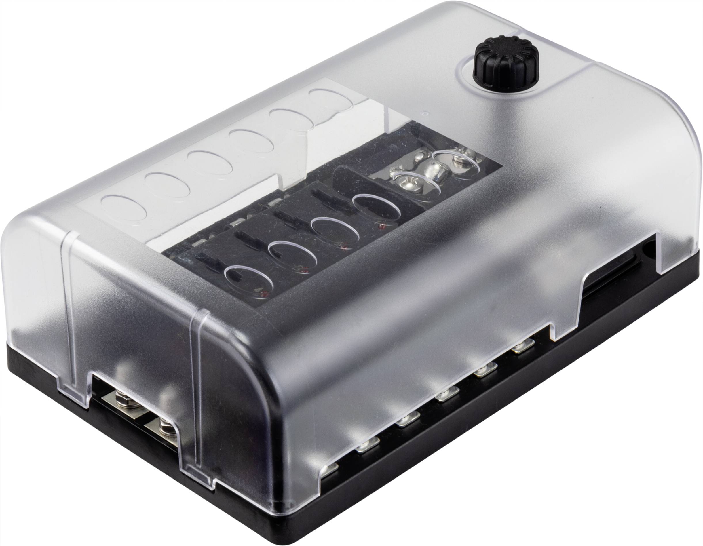 A transparent fuse box with multiple slots and a black rotary knob.
