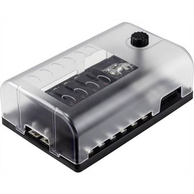 A transparent fuse box with multiple slots and a black rotary knob.