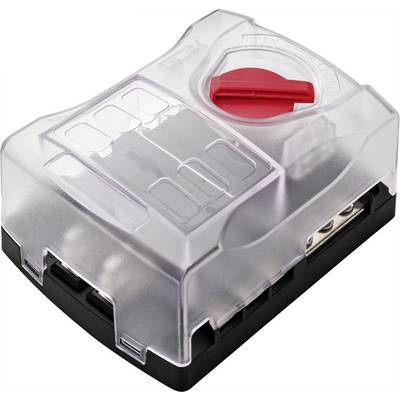A transparent, rectangular fuse holder with a red rotary knob on the top surface, suitable for electrical connections.