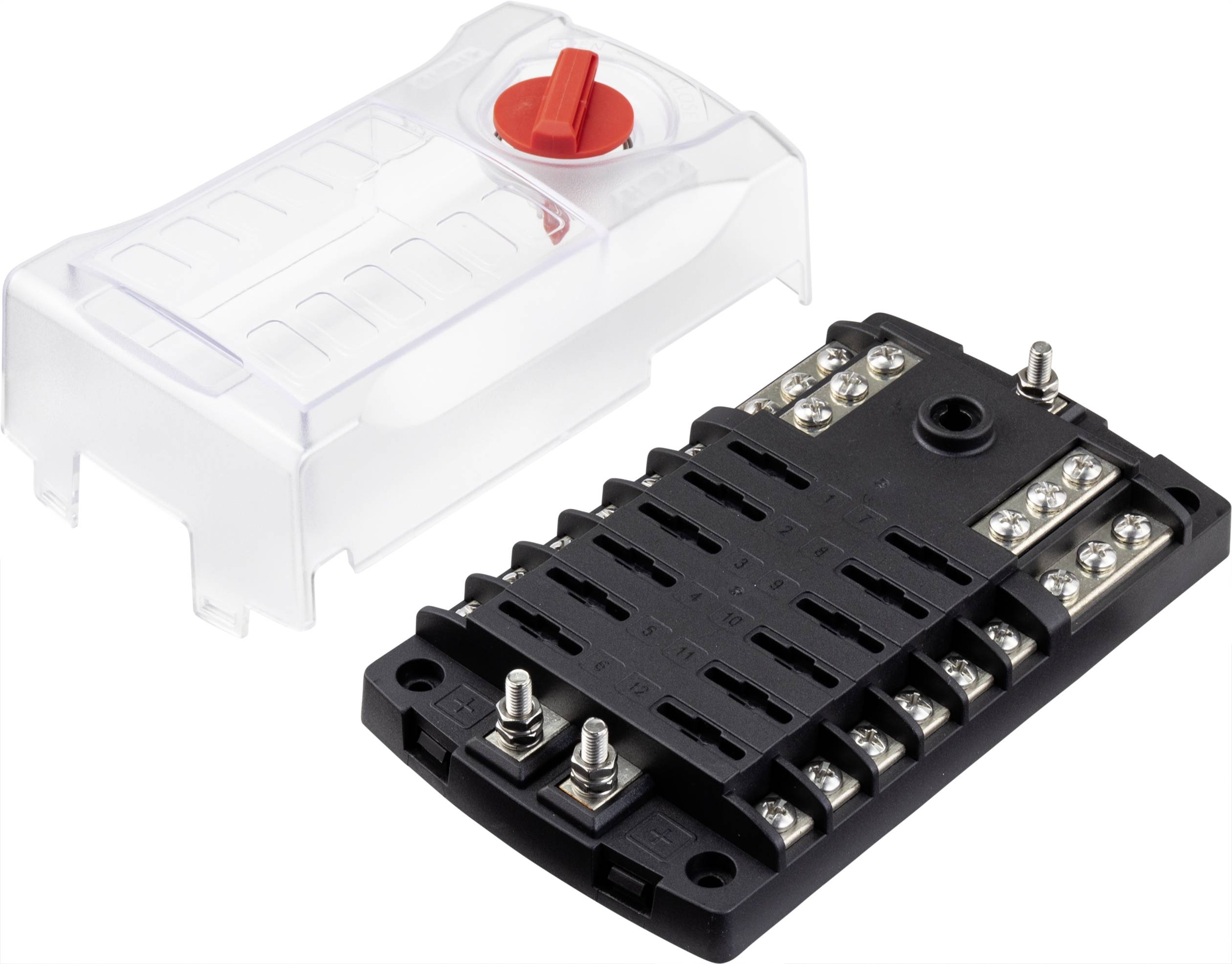 'Fuse holder with 12 slots and transparent cover, red rotary knob on the top, used for accommodating flat fuses.'