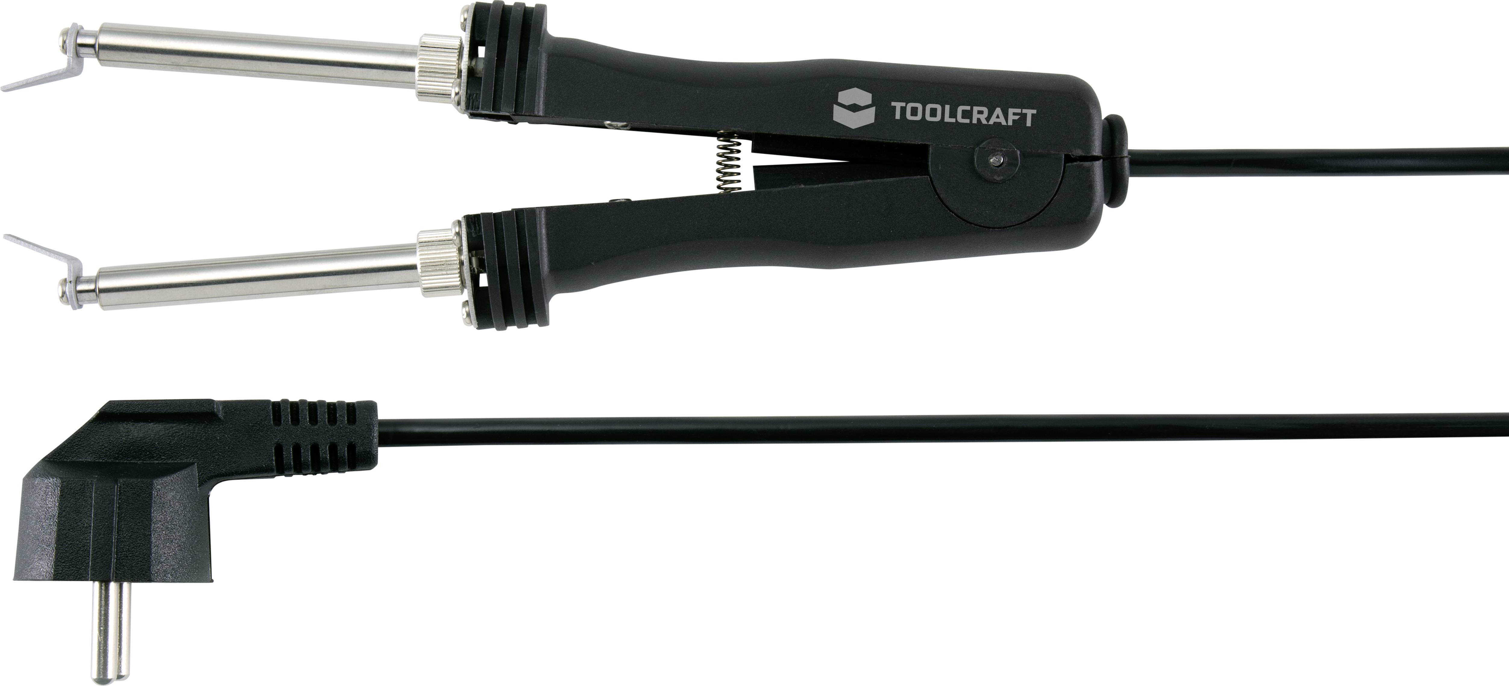 Electronic tool with two pointed metal ends and a cable, suitable for soldering work, marked with 'Toolcraft' logo.