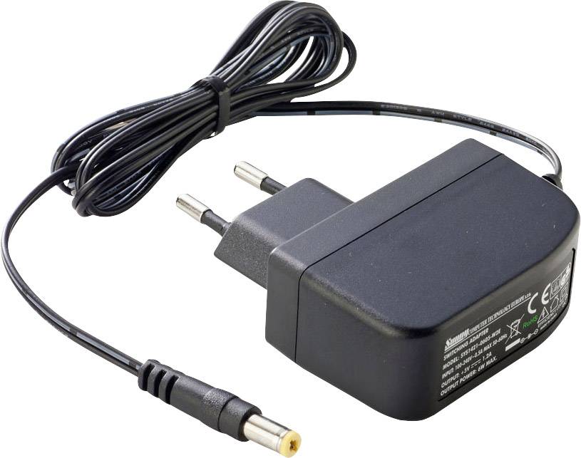 A black power supply with cable and plug. The cable terminates in a yellow hollow plug. Suitable for electronic devices.