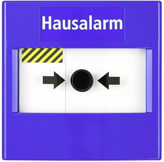 A blue home alarm button with arrows pointing towards the centre. Above the button, it reads 'Home Alarm'.