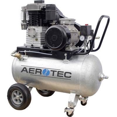A mobile air compressor by Aerotec with a large tank and pressure gauges, mounted on wheels for easy manoeuvrability.