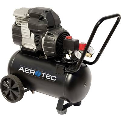 A black air compressor by Aerotec with two pressure gauges and a transport handle, standing on two wheels.