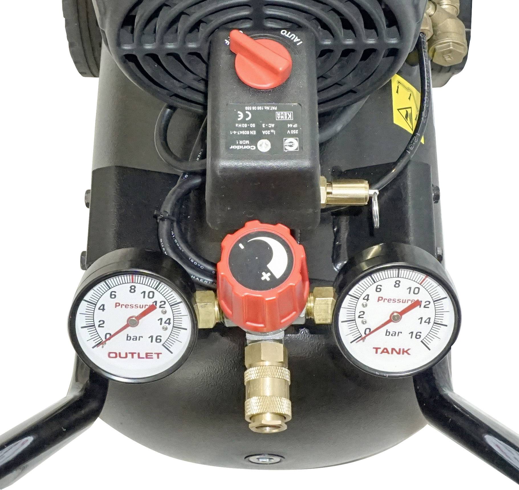 An air compressor with two pressure gauges: 'Outlet' shows 0 to 12 bar; 'Tank' shows 0 to 16 bar. Red valve at the top for control.