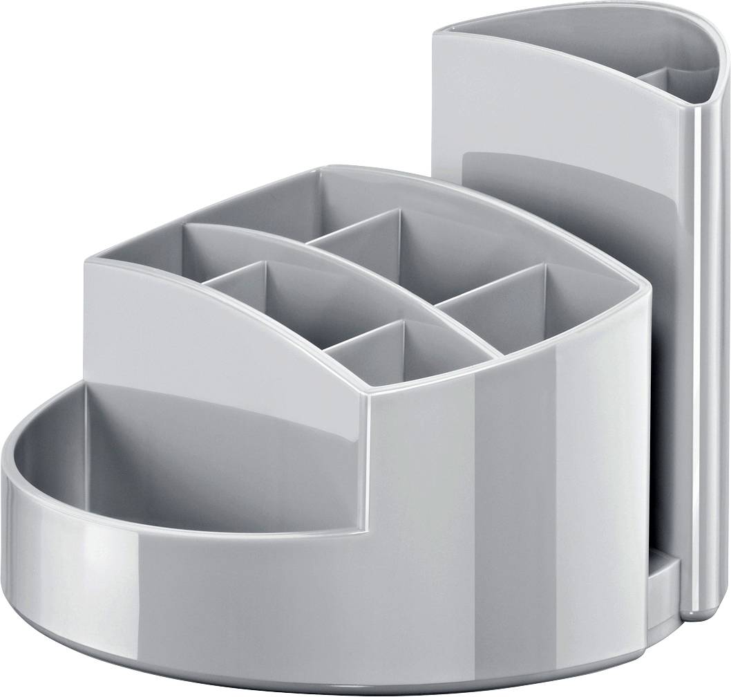 Grey plastic desk organiser with multiple compartments for storing stationery, in a modern design.