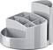Grey plastic desk organiser with multiple compartments for storing stationery, in a modern design.