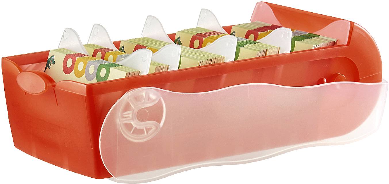 Red plastic storage case with a transparent lid, designed to hold sorted cards or documents.