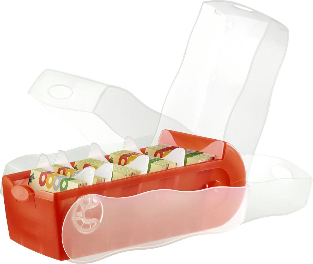 Clear storage box with a transparent lid, filled with labelled divider cards. The box is open, with numerous divider cards visible.