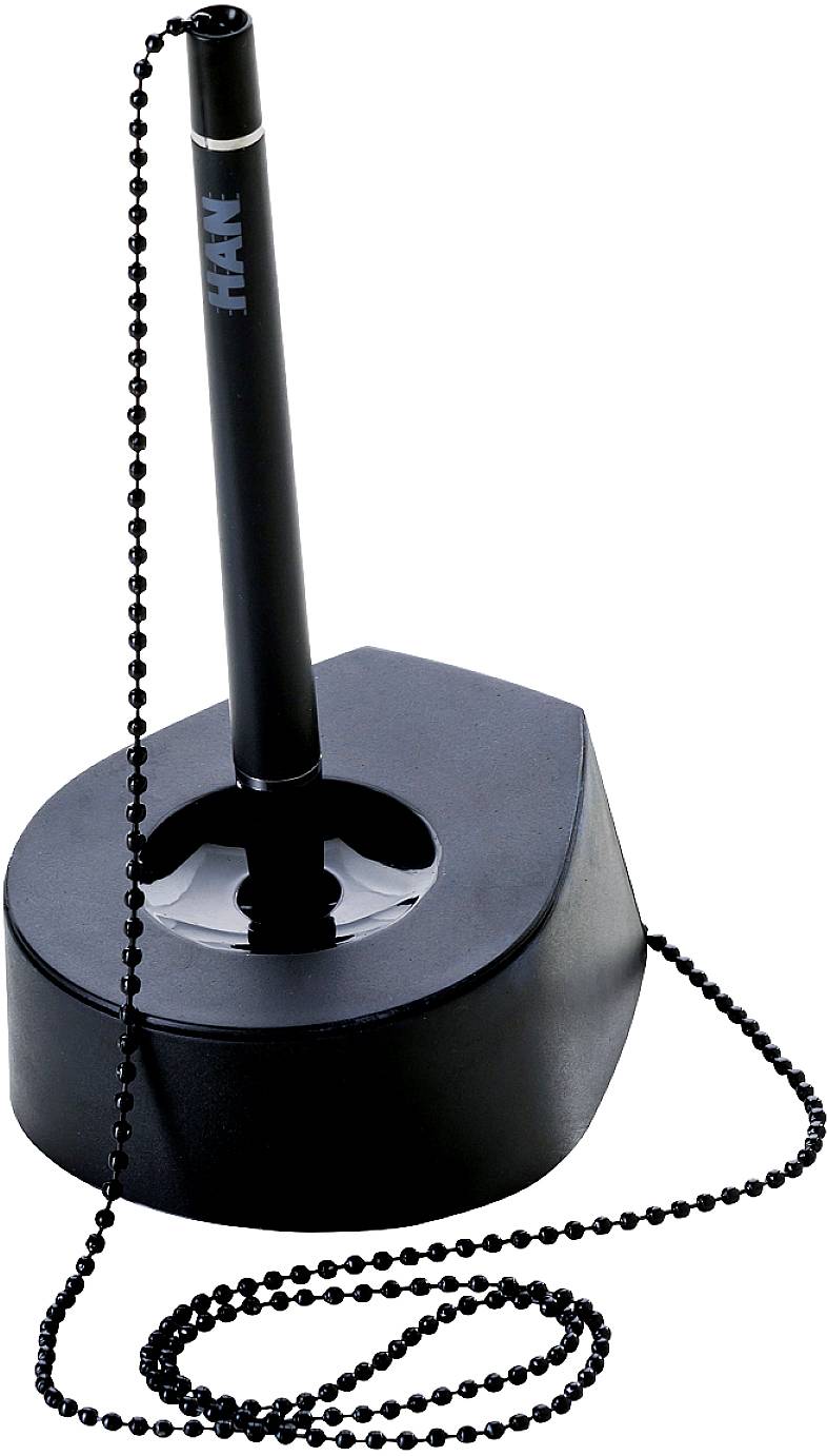 A black ballpoint pen in a sturdy stand with a chain, ideal for use in public areas to prevent theft.