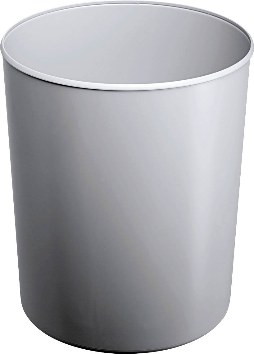 A grey metal dustbin, cylindrical and empty, stands upright.
