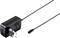 Black power adapter with two pins and a long cable. Suitable for EU plug sockets.