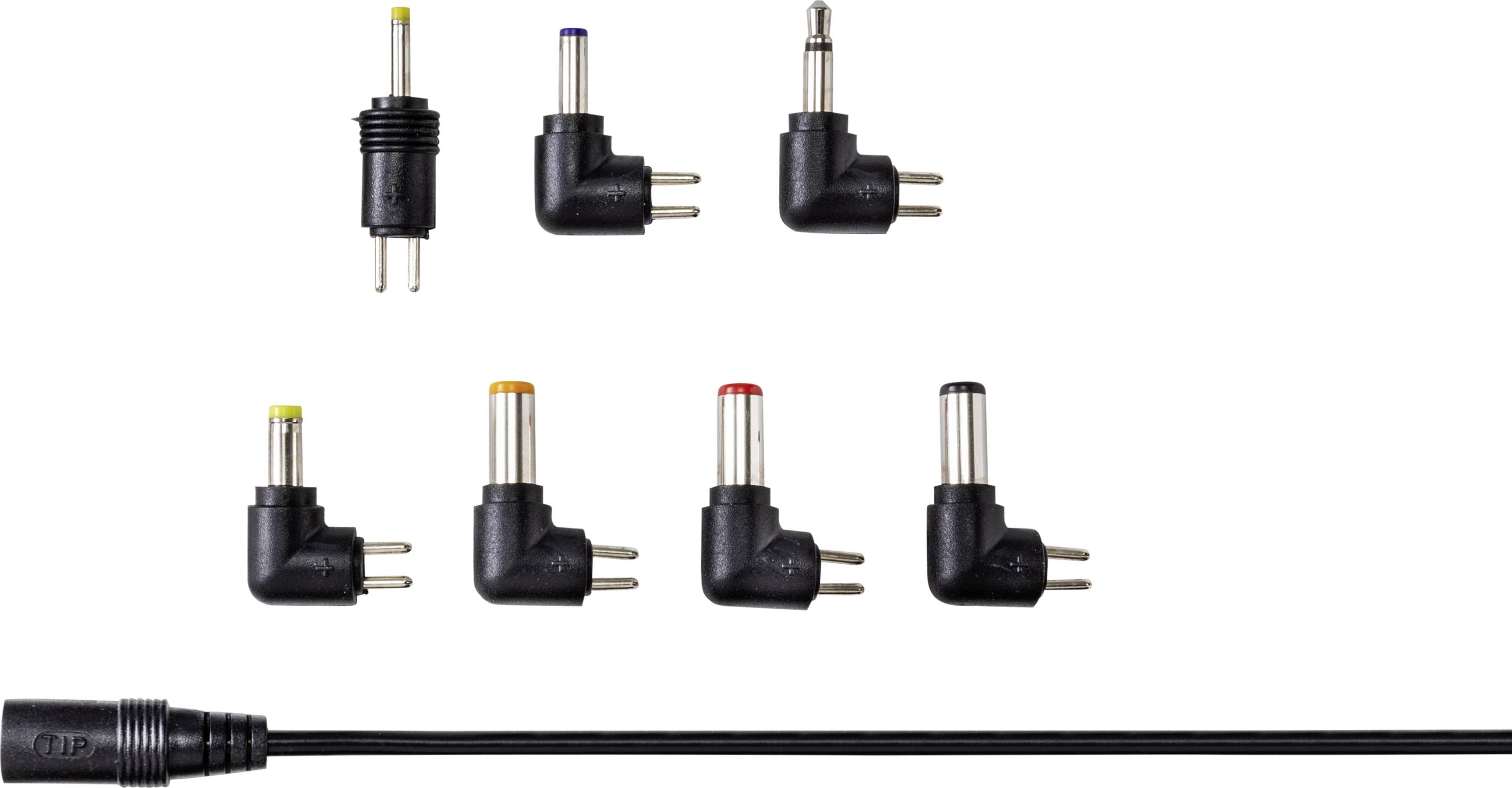 Various adaptor plugs in different colours and sizes next to a cable with a connector, arranged on a white background.