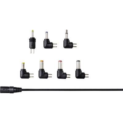 Various adaptor plugs in different colours and sizes next to a cable with a connector, arranged on a white background.