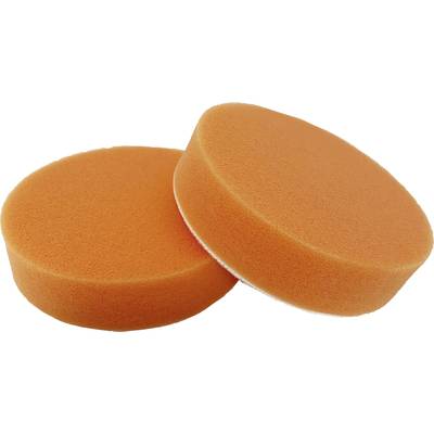 Two orange round cleaning sponges are lying side by side against a white background.