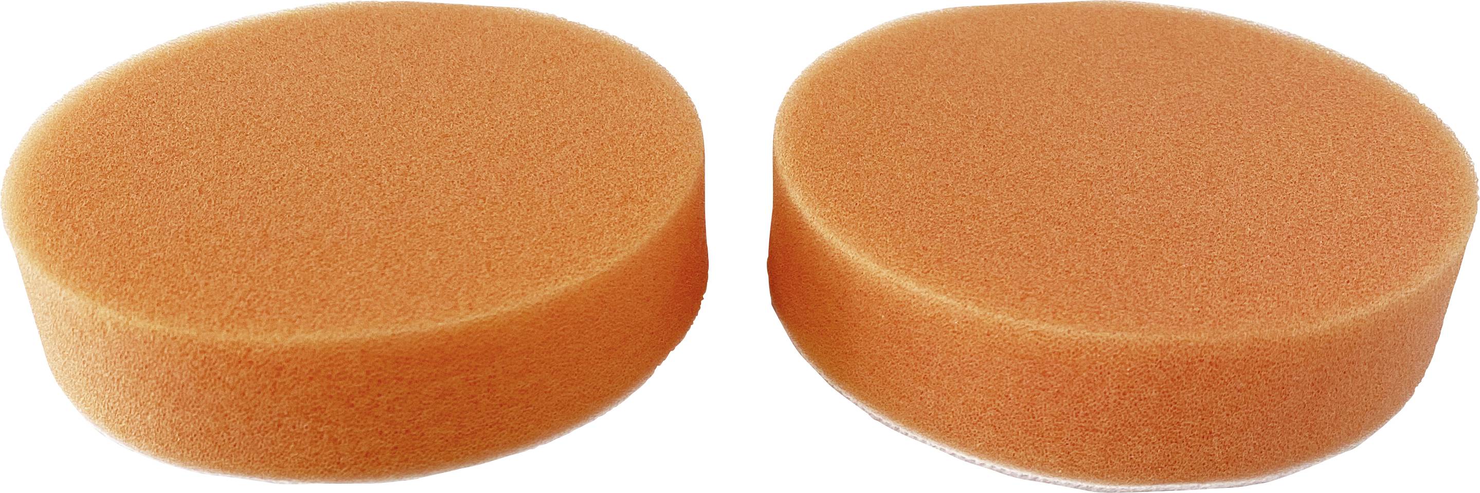 Two orange, round sponges placed side by side on a white background.