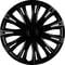 View of a black, multi-spoke alloy wheel with an intricate design cut.